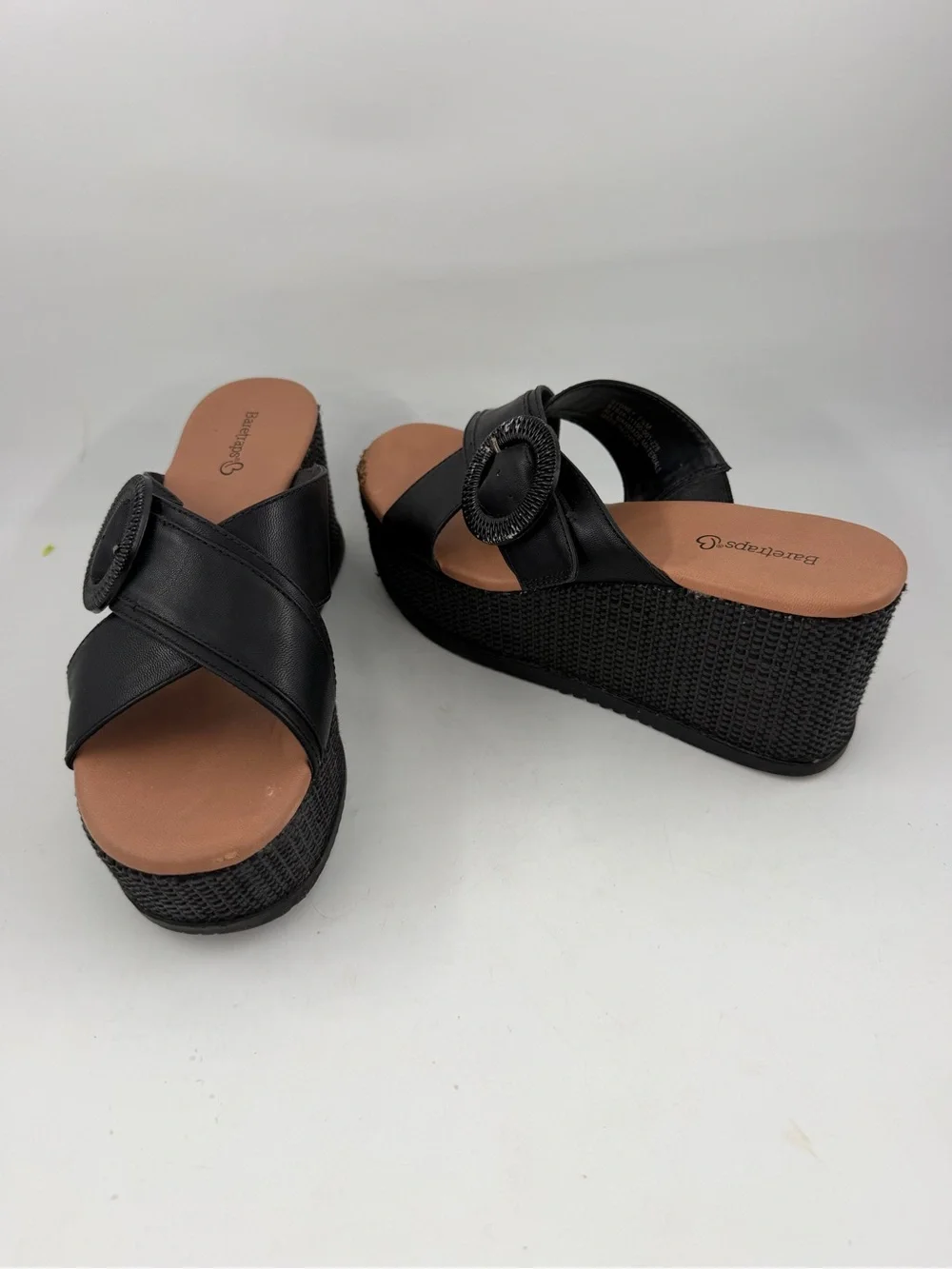 BareTraps Women’s Sydney Black -SZ 7.5- Buckled Cork Platform Wedge Sandals